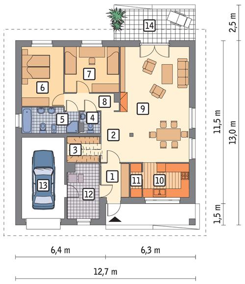 Rzut parteru POW. 124,1 m²